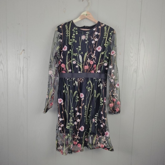 Dresses & Skirts - Fairy Grunge Black Mesh Dress S/M Embroidered Flowers Whimsigoth Garden Party